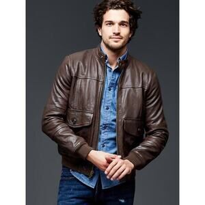Gap Men's Brown Genuine Leather Aviator Full Zip Motorcycle Jacket Size XL tall